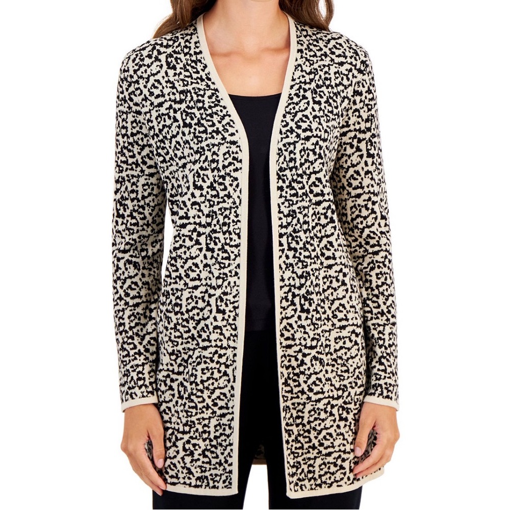 JM Collection Black and Cream Animal Print Cardigan